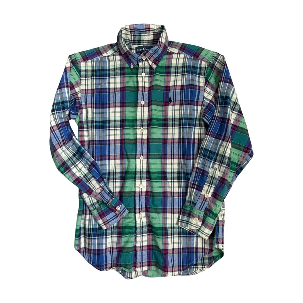 Ralph Lauren Boys Flannel Button Down Shirt Green Blue Plaid Logo Size M‎ 10-12